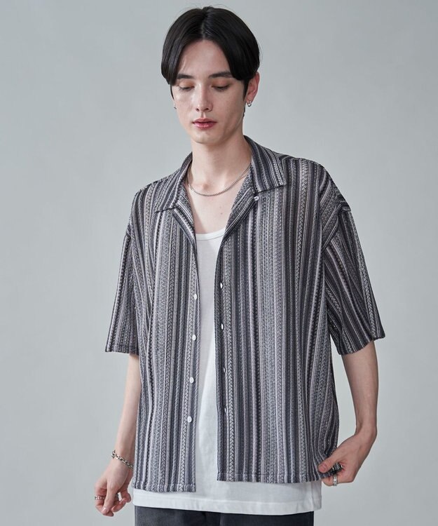 WEGO ストライプメッシュBIGシャツ（SS） グレー