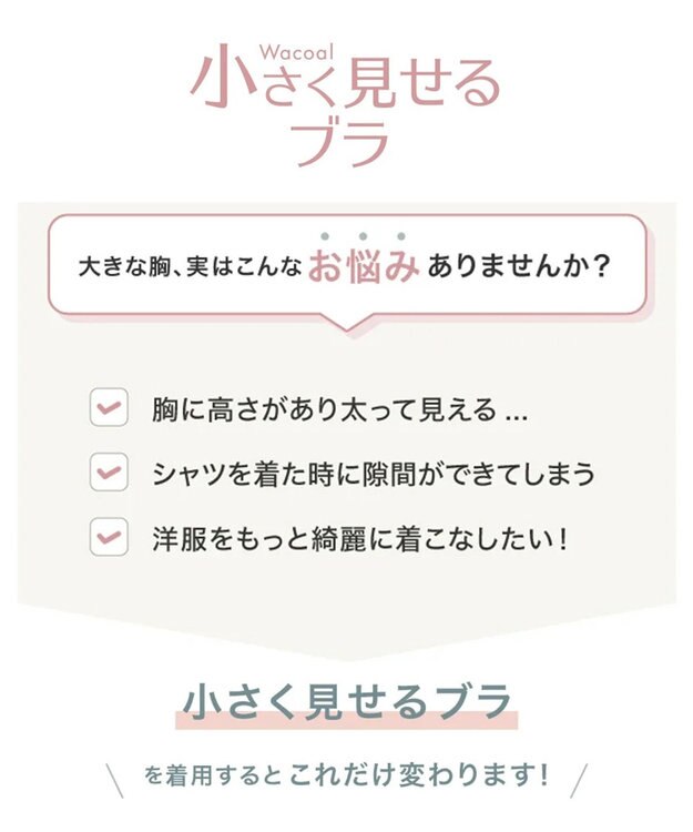 WACOAL 【小さく見せるブラ】 シンプル ブラジャー 着やせ効果 コンパクトにメイク バストの突出をおさえる 背中の段差を軽減 大きいサイズ レディース BRB452 /ワコール ブラック