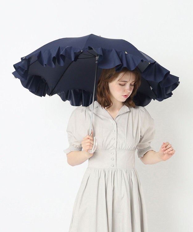 MOONBAT 【雑誌掲載 美人百花6月号】ランバン オン ブルー 晴雨兼用日傘 長傘 フレアフリル＆チャーム 遮光 遮熱 UV ネイビーブルー