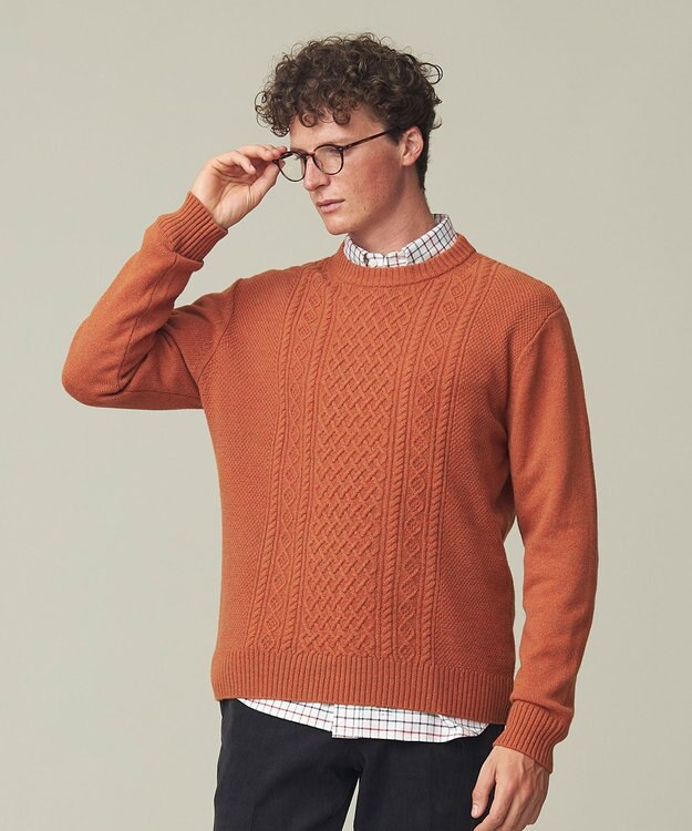 J.PRESS MEN 【Cash Lamb's Wool】ケーブルクルーネック ニット オレンジ系