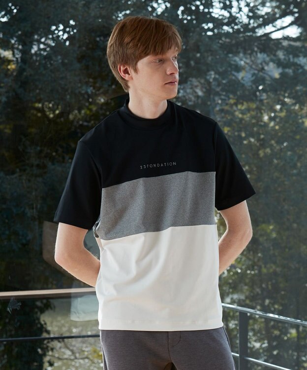 23区GOLF 【23Fondation】カラーブロック モックネックシャツ 一枚で主役級 ストレッチ性◎ ブラック系