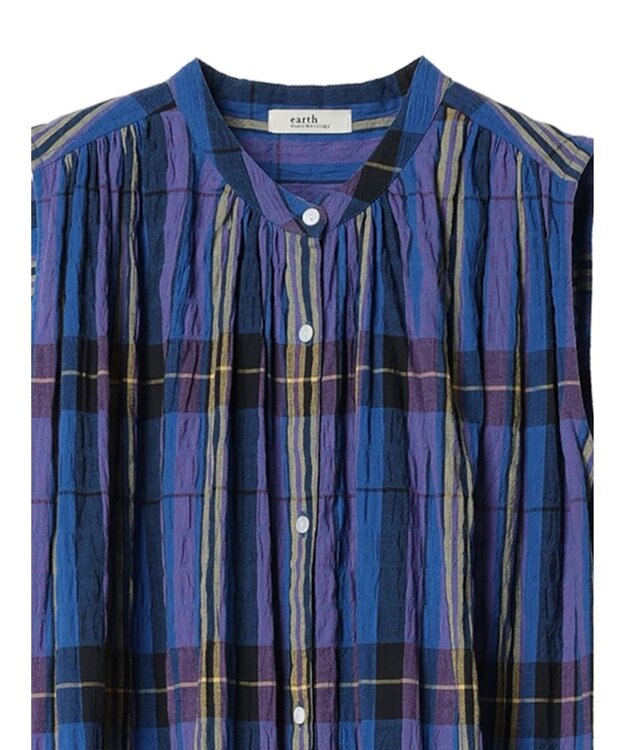 earth music&ecology 綿ＰＵクレープワンピース（ｃｈｅｃｋ柄） Blue