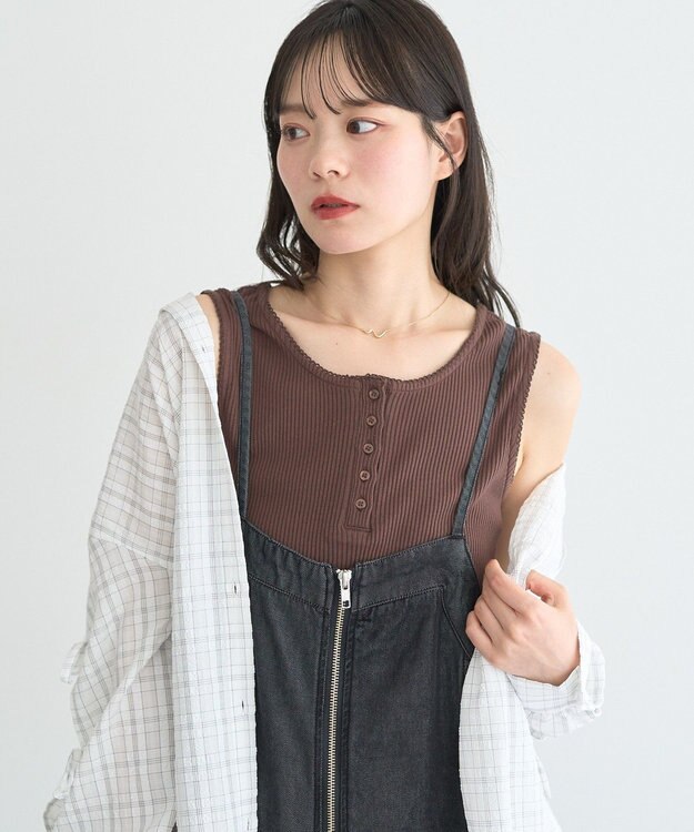 earth music&ecology 【綿100％】ピコミシンヘンリーネックタンクトップ Brown