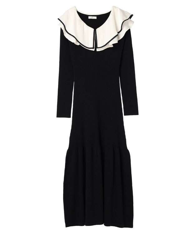 earth music&ecology パイピングフレアカラーニットワンピース Black