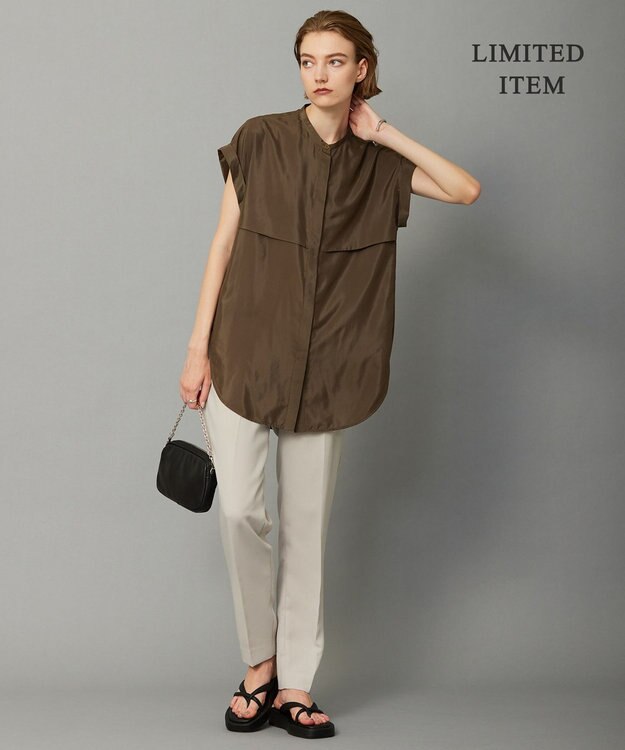 ICB 【洗える】ヌーディスローン  バンドカラーブラウス カーキ系