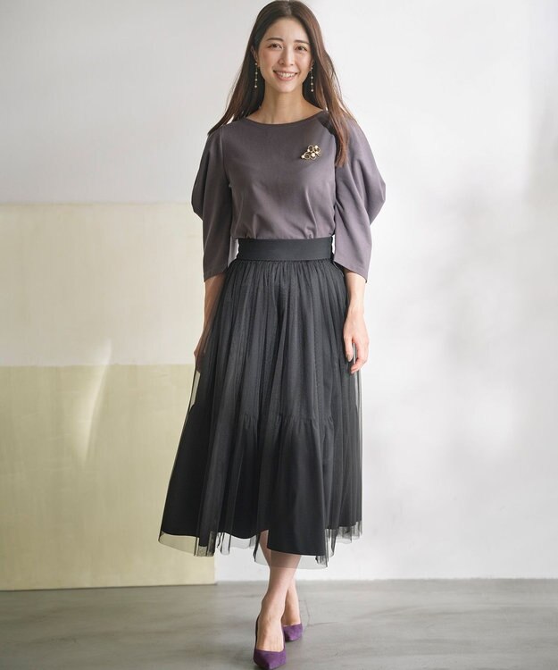 組曲 L ミニ裏毛ボリュームタックスリーブ カットソー チャコールグレー系