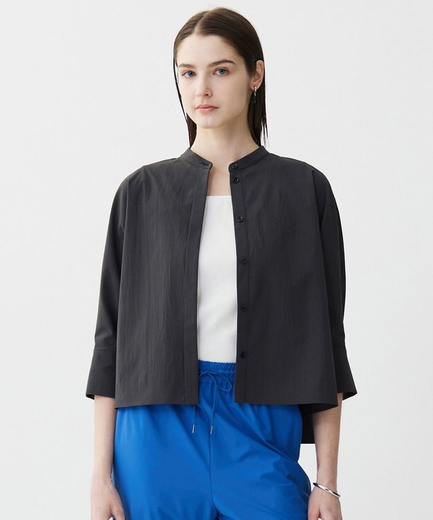 ICB 【接触冷感・UVカット・洗える】ヴィンテージスパンブロード バンドカラーシャツ チャコールグレー系