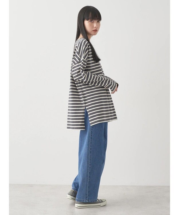 earth music&ecology バック釦ボーダーチュニック Charcoal Gray