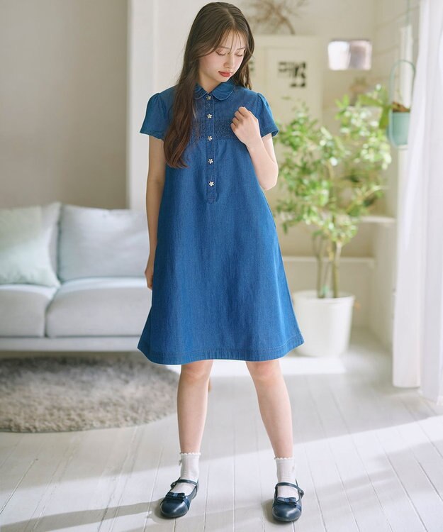 組曲 KIDS 【150-160㎝】 フラワーボタンデニムワンピース ネイビー