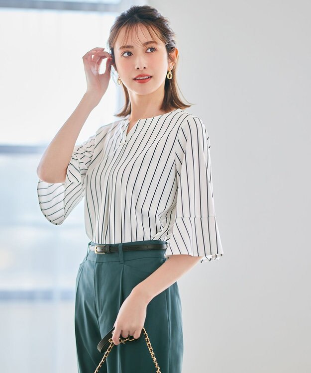 ANY SIS 【接触冷感・吸水速乾・UVケア】エアリードレープスムース 七分袖 ブラウス オフストライプ