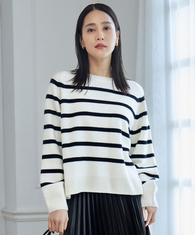 自由区 【洗える】ウールカシミヤブレンドボーダークルーネック ニット オフ×ブラックボーダー