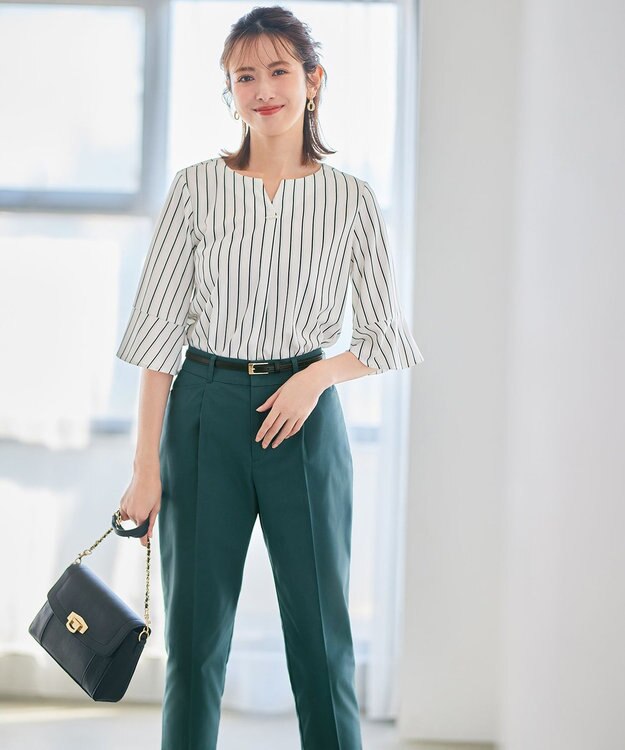 ANY SIS 【接触冷感・吸水速乾・UVケア】エアリードレープスムース 七分袖 ブラウス オフストライプ