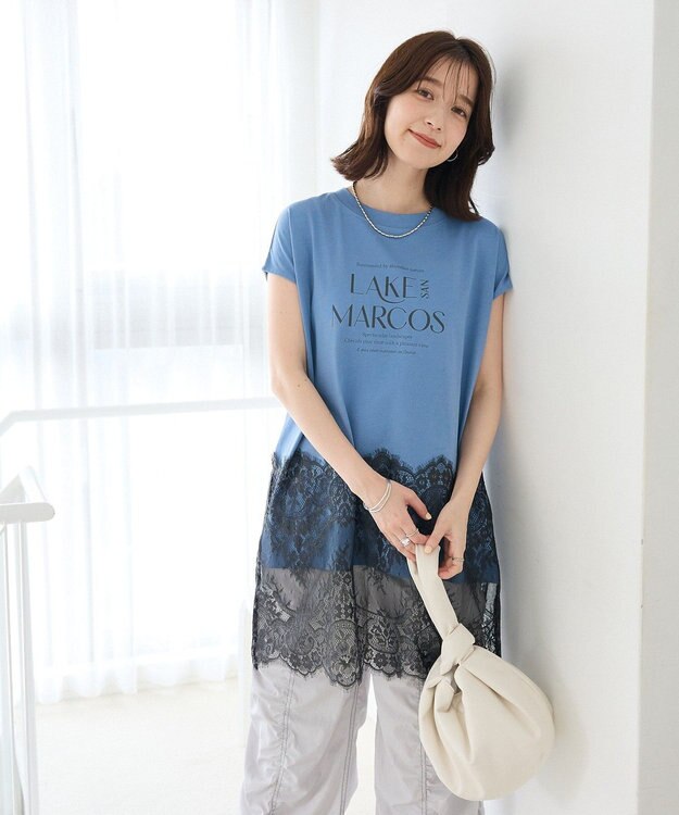 Green Parks フレンチスリーブ裾レースロゴチュニック Blue