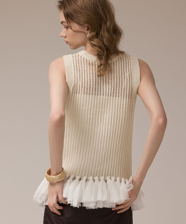 GRACE CONTINENTAL チュールフリンジニットトップ キナリ