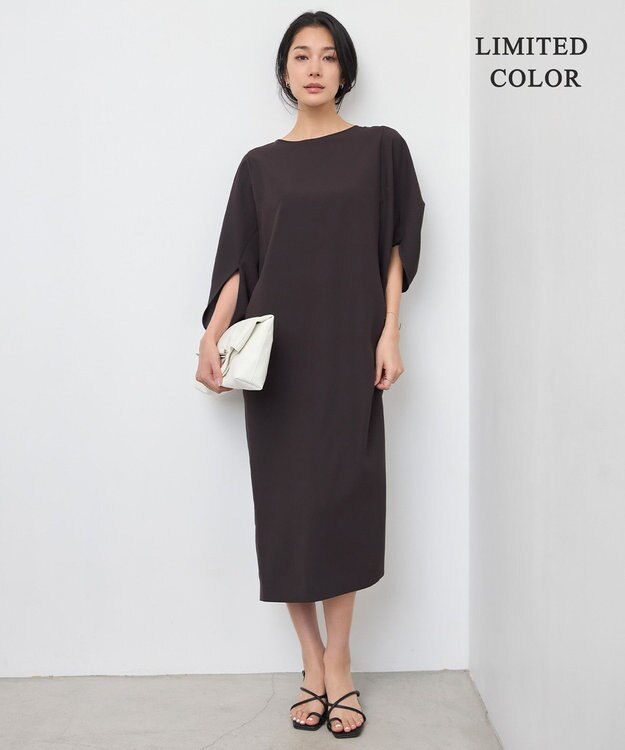 ICB L 【UVケア・接触冷感・速乾・防シワ・洗える】FluidBackSatinドルマンスリーブワンピース チャコール系［WEB限定］