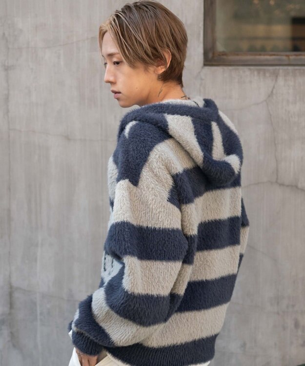 WEGO シャギーグラフィックZIPパーカー グレーボーダー