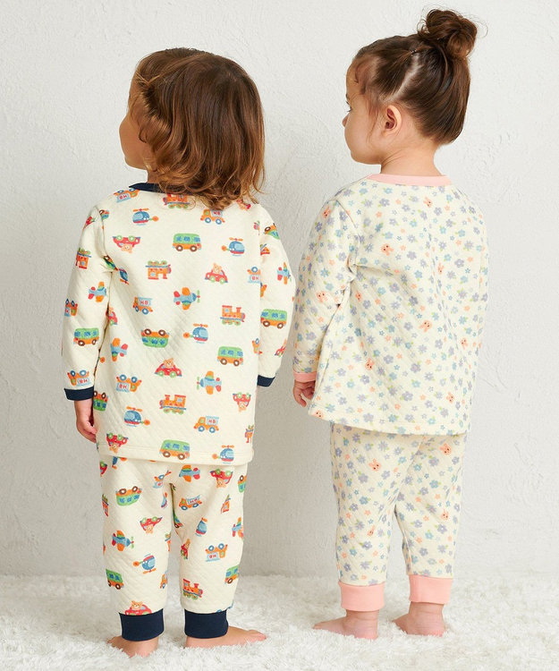 MIKI HOUSE HOT BISCUITS 【80-120cm】 あったかキルト素材 乗り物柄 腹巻き付き長袖パジャマ アイボリー