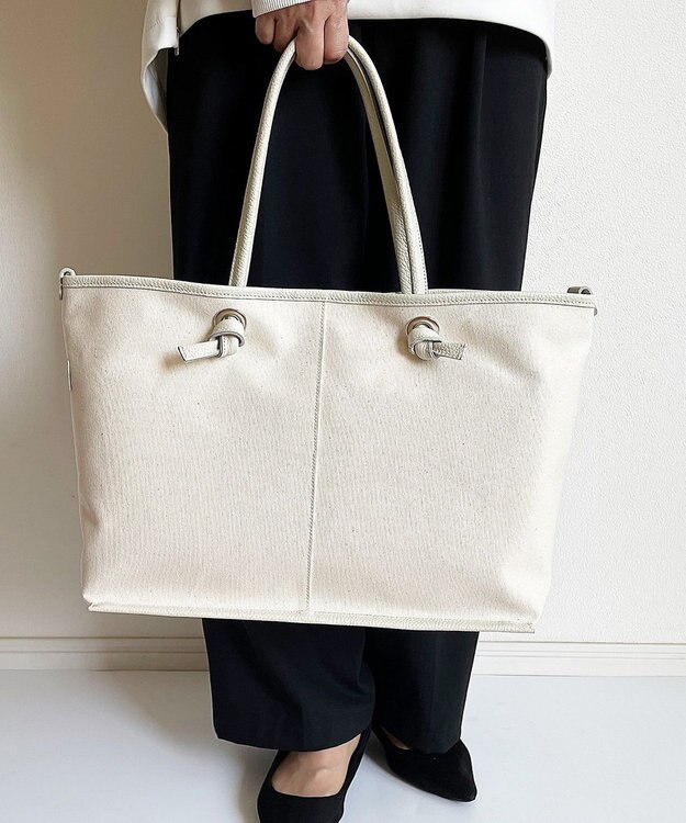 Hekhèr Le Style de Vie 【日本製 / A4サイズ対応/2WAY】コットンキャンバス×シュリンクレザー ノットトートバッグ large ホワイト