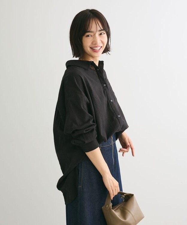 Green Parks インド綿 シアサッカーシャツ Black