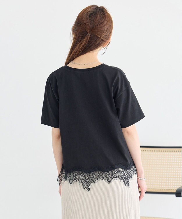 earth music&ecology 裾レースロゴプリントTシャツ Black