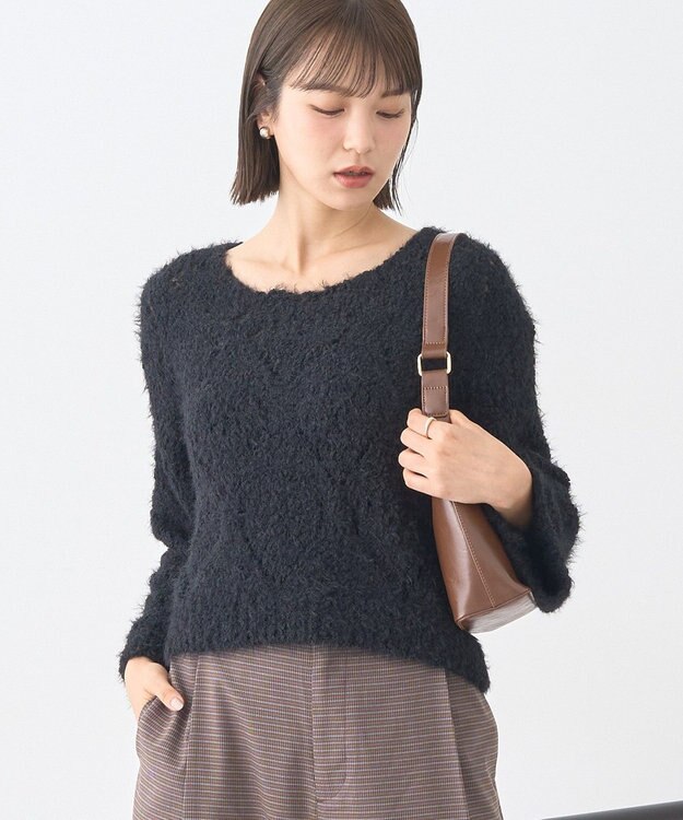 earth music&ecology シャギーミックス透かしハート柄ニットプルオーバ Black