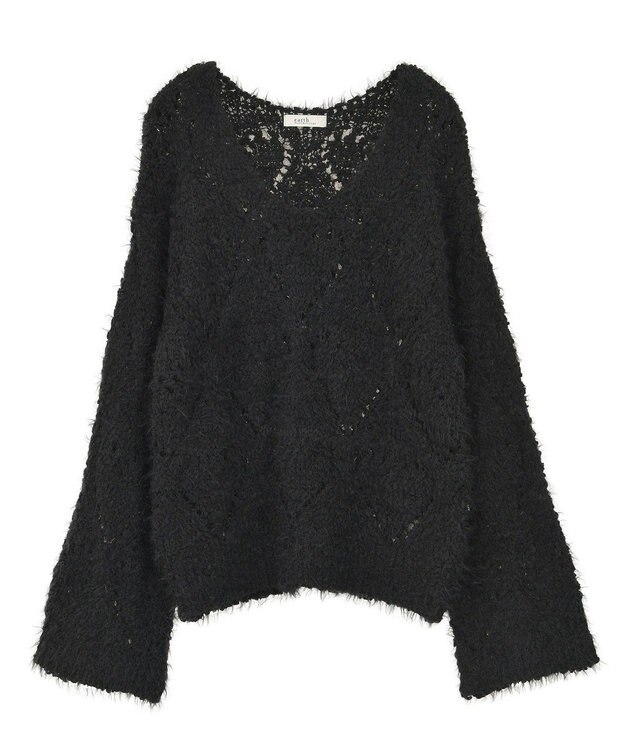 earth music&ecology シャギーミックス透かしハート柄ニットプルオーバ Black