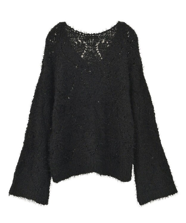 earth music&ecology シャギーミックス透かしハート柄ニットプルオーバ Black