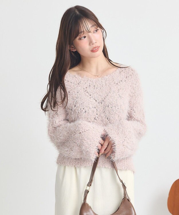 earth music&ecology シャギーミックス透かしハート柄ニットプルオーバ Grayish Pink