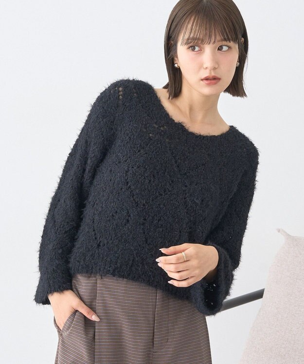 earth music&ecology シャギーミックス透かしハート柄ニットプルオーバ Black