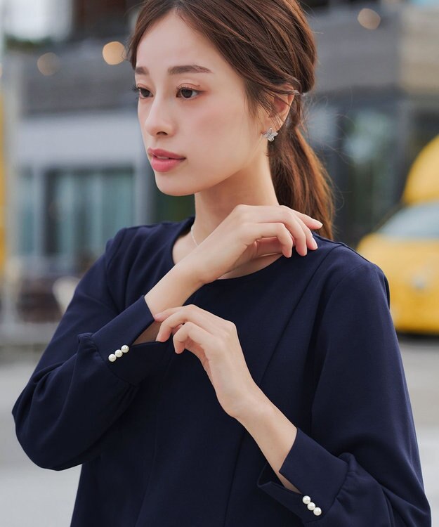 Tiaclasse 【洗える】袖パールポンチフレアトップス ネイビー