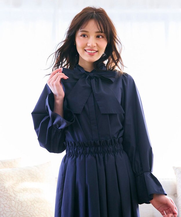 Feroux 【キレイ見えセットアップ対応】リボンタイ ブラウス ネイビー系