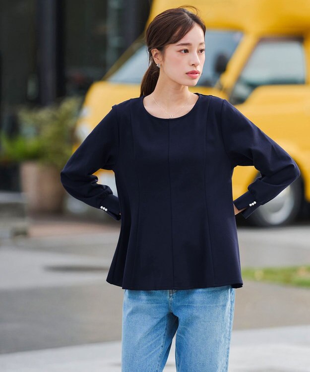 Tiaclasse 【洗える】袖パールポンチフレアトップス ネイビー