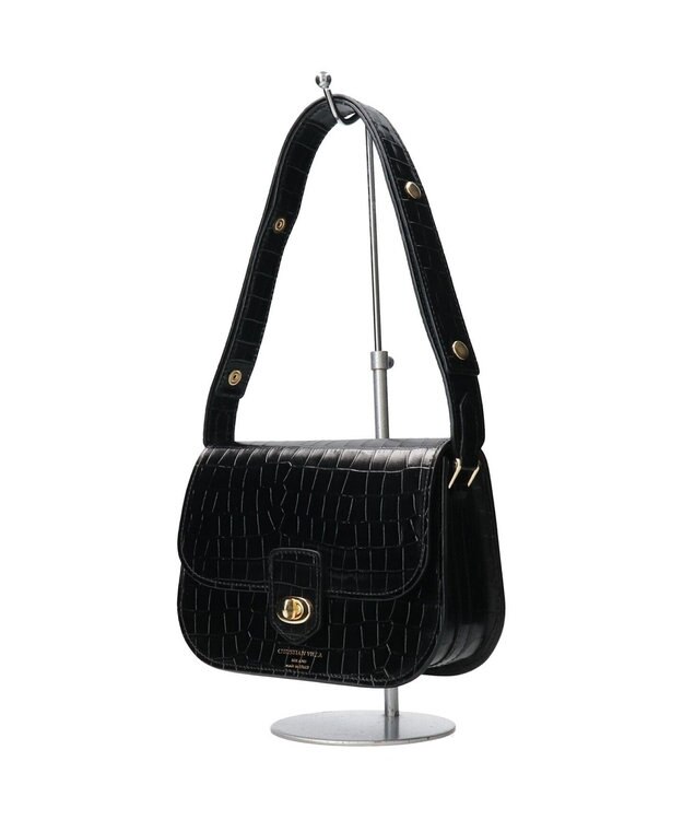 INTER-CHAUSSURES 【CHRISTIAN VILLA】フラップタイプレザーショルダーバッグ ブラック型押