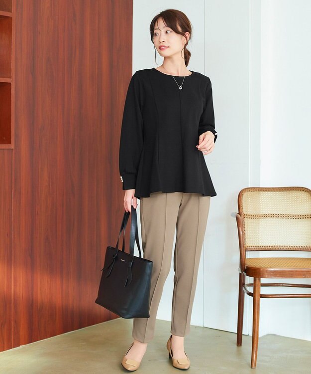 Tiaclasse 【洗える】袖パールポンチフレアトップス ブラック