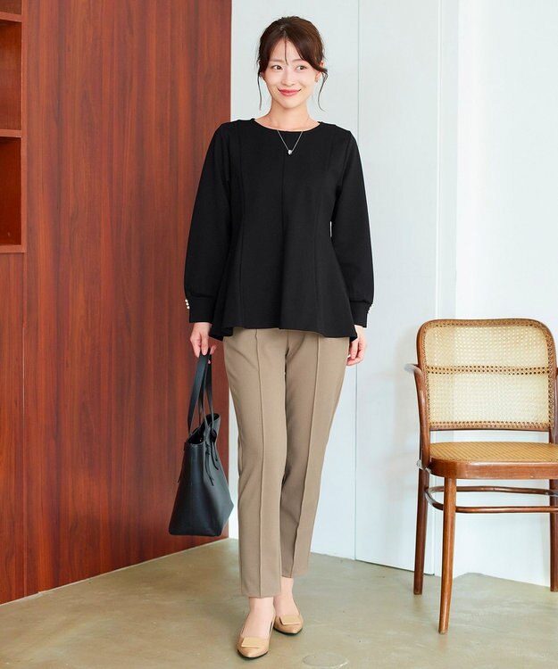 Tiaclasse 【洗える】袖パールポンチフレアトップス ブラック