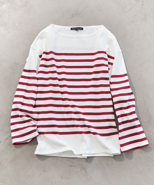 23区 L 【洗える】BUGIS シングルジャージー ボーダー カットソー オフホワイト×レッドボーダー