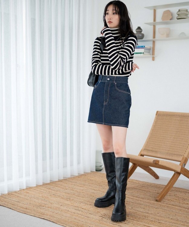 WEGO リブタートルネックニット ブラックボーダー