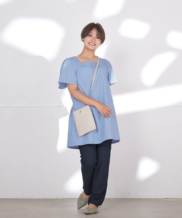 Tiaclasse L 【洗える】ストライプフレアスリーブチュニックブラウス ブルー
