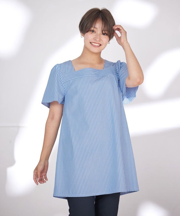 Tiaclasse L 【洗える】ストライプフレアスリーブチュニックブラウス ブルー