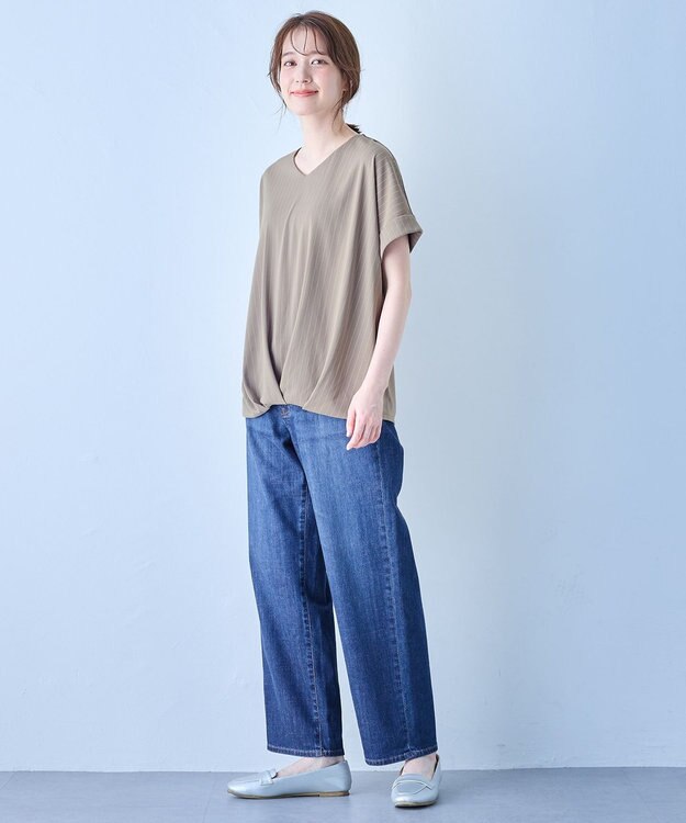 ANY カシュクールTシャツ ベージュストライプ