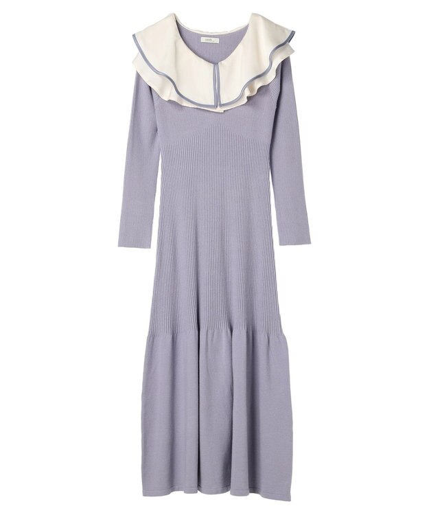 earth music&ecology パイピングフレアカラーニットワンピース Grayish Blue