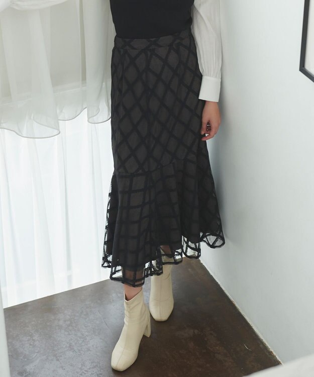 Feroux 【洗える】シアーチェック マーメイド スカート ブラック系2