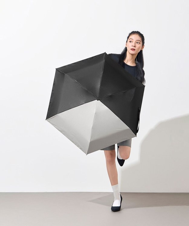 +RING UNISEX プラスリング 晴雨兼用 簡単開閉式折傘  BLK×GRY T1338 黒