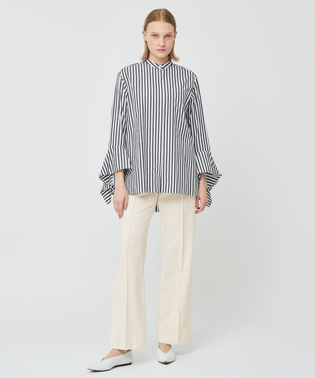 BEIGE， PERSIMMON / バンドカラーシャツ Black Stripe