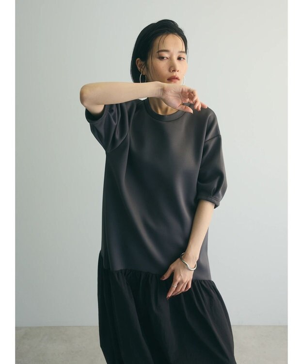 Green Parks ａ．異素材切り替えバルーンワンピース Charcoal Gray