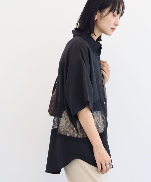 Green Parks レース切替５分袖シャツ Black