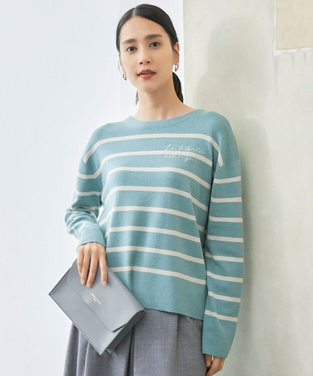 自由区 S 【洗える】コットンウールハイゲージボーダー ニット ブルーグレー×ベージュ