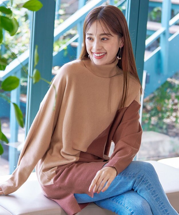 Tiaclasse 【洗える】配色ドルマンニットチュニック ピンク