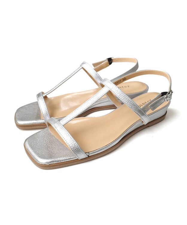 Pointer 日本製 本革ゴム仕様ストラップスクエアトゥサンダル シルバー