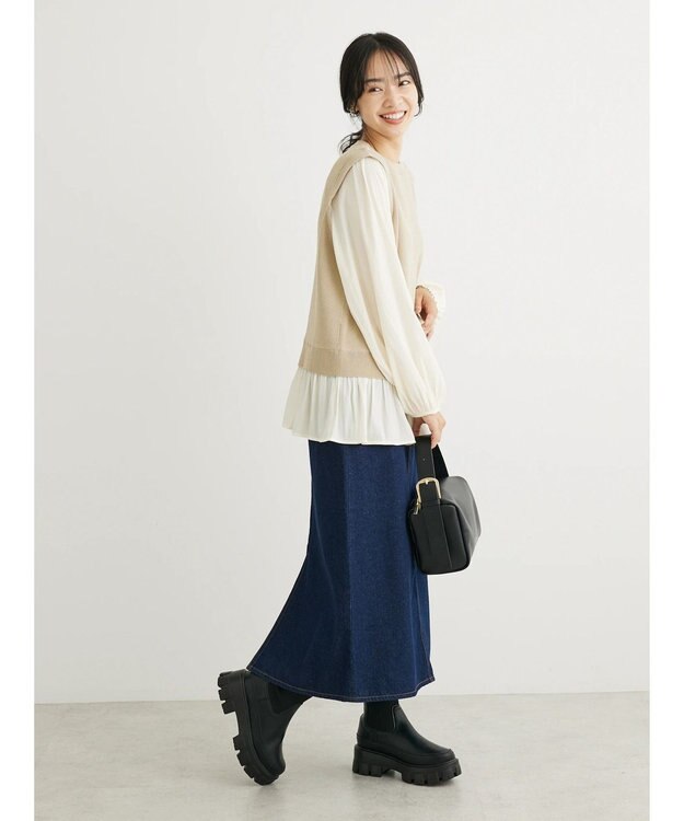 Green Parks とろみ布帛ドッキングニットチュニック Beige